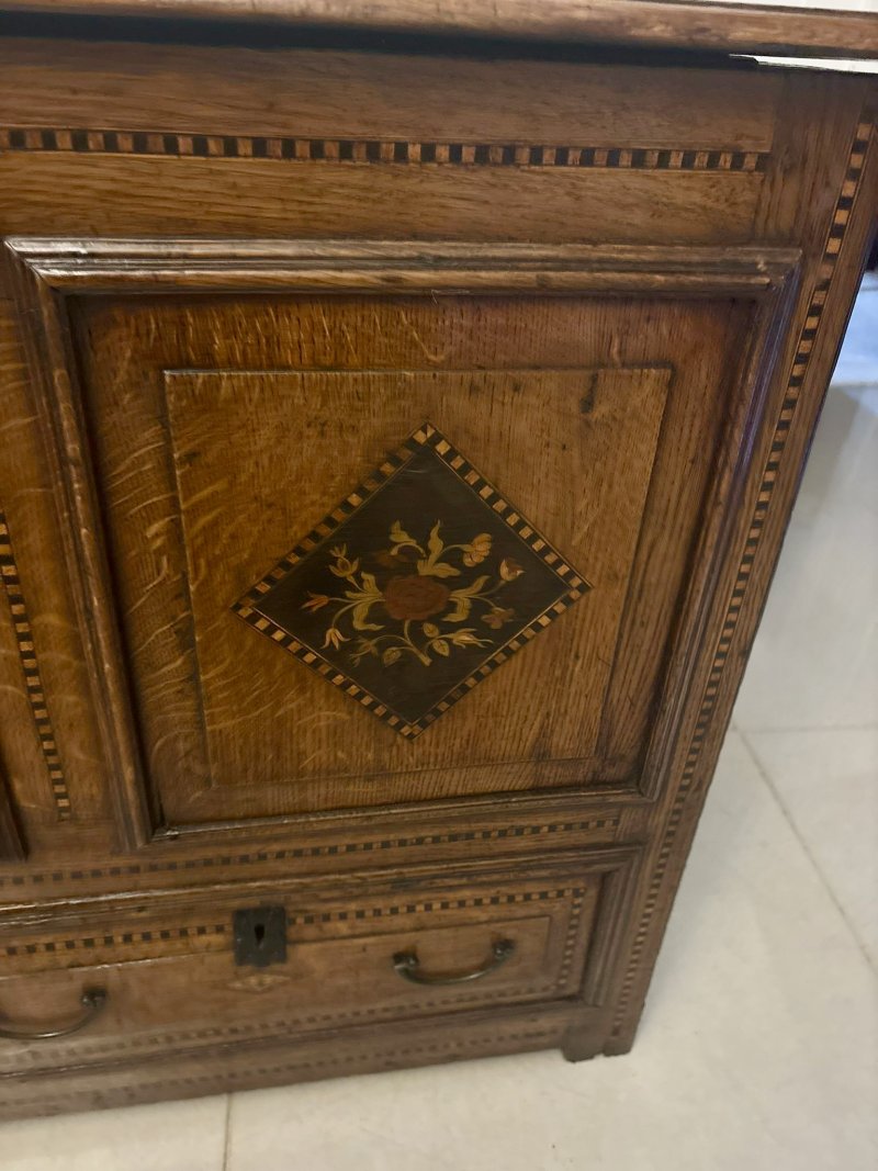 Exceptional Quality 17th Century Antique Oak Mule Chest with Marquetry Inlay